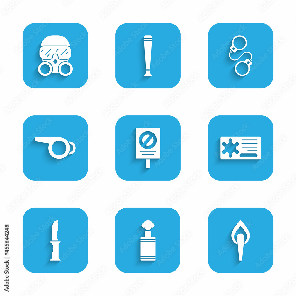 Set Protest, Hand grenade, Torch flame, Police badge, Military knife, Whistle, Handcuffs and Gas mask icon. Vector Set Protest, Hand grenade, Torch flame, Police badge, Military knife, Whistle, Handcuffs and Gas mask icon. Vector