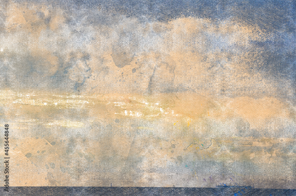 Naklejka premium Yellow-blue sky over the sea. Summer sunset. Sea Landscape. Digital watercolor painting.
