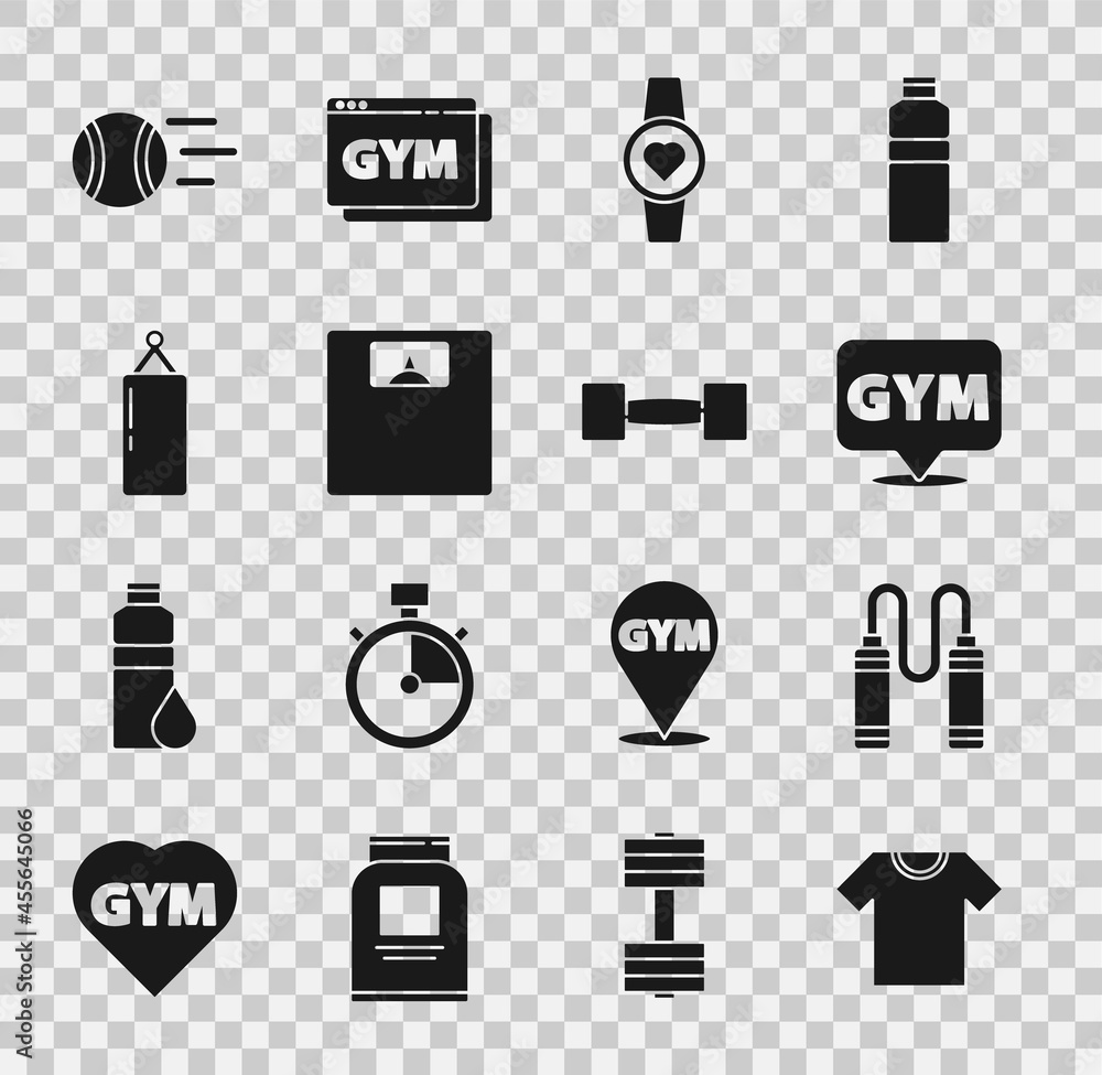 Set T-shirt, Jump rope, Location gym, Smartwatch, Bathroom scales, Punching bag, Tennis ball and Dumbbell icon. Vector Set T-shirt, Jump rope, Location gym, Smartwatch, Bathroom scales, Punching bag, Tennis ball and Dumbbell icon. Vector