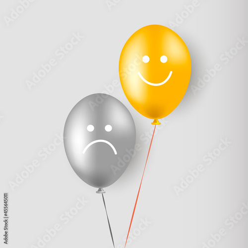 A sad and cheerful smiley face. Balloons. Helium. Vector illustration.