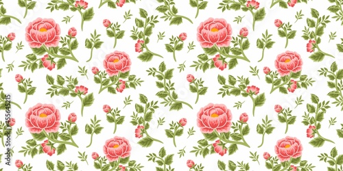 Vintage floral seamless pattern of red peony bouquet, flower buds and leaf branch arrangements