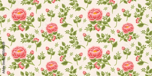 Vintage floral seamless pattern of red peony bouquet, flower buds and leaf branch arrangements