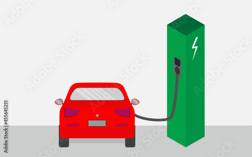 Electric smart car station with a plug in cable. Electrified future transportation e-motion.