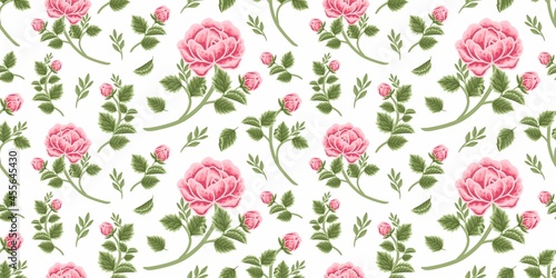 Vintage floral seamless pattern of pink rose bouquet, flower buds and leaf branch arrangements