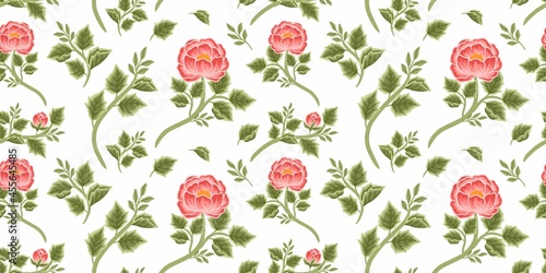 Vintage floral seamless pattern of red peony bouquet, flower buds and leaf branch arrangements