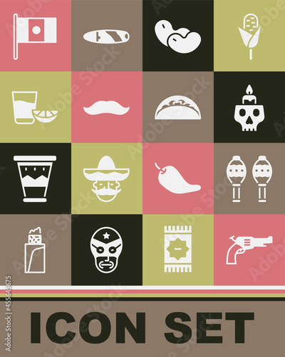 Set Revolver gun, Maracas, Burning candle on skull, Beans, Mustache, Tequila glass with lemon, Mexico flag and Taco tortilla icon. Vector