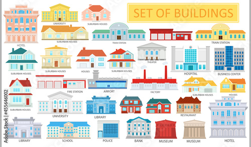 Collection of various city buildings. Suburban houses. Icons of buildings.