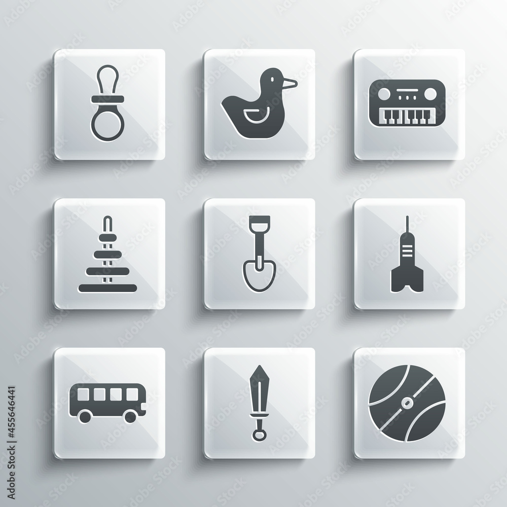 Set Sword toy, Basketball ball, Dart arrow, Shovel, Bus, Pyramid, Baby dummy pacifier and Toy piano icon. Vector Set Sword toy, Basketball ball, Dart arrow, Shovel, Bus, Pyramid, Baby dummy pacifier and Toy piano icon. Vector