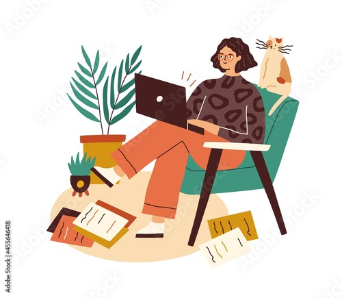 Creative writer with laptop and scattered papers around. Female author working with copies and computer. Woman creating, composing and writing. Flat vector illustration isolated on white background