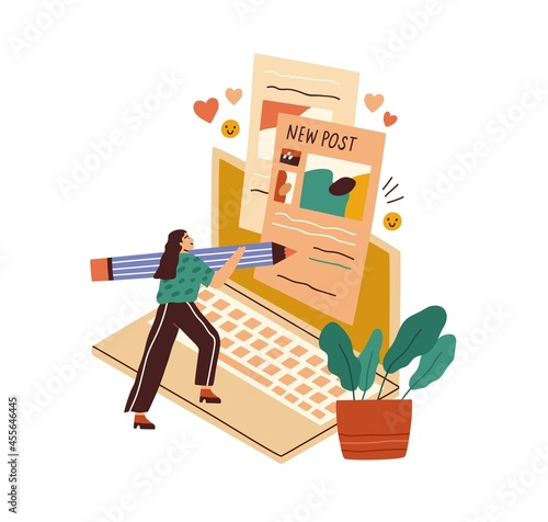 Blogger creating content for blog. Tiny woman copywriter writing new post for social media. Author at laptop. Copywriting and blogging concept. Flat vector illustration isolated on white background