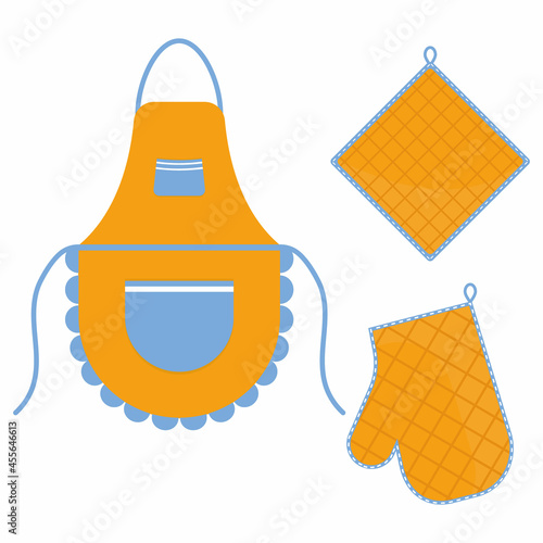 Oven mitt and oven mitt and apron hanging on the rack on hooks, color isolated vector illustration in the flat style