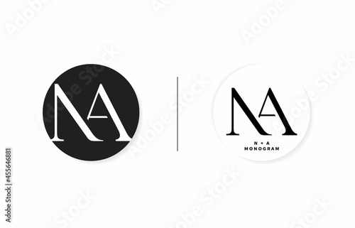 N & A or NA initial letter and graphic name, NA or AN Monogram, for Wedding couple symbolic, company and icon business, with inverted colors and monochrome designs of isolated white backgrounds