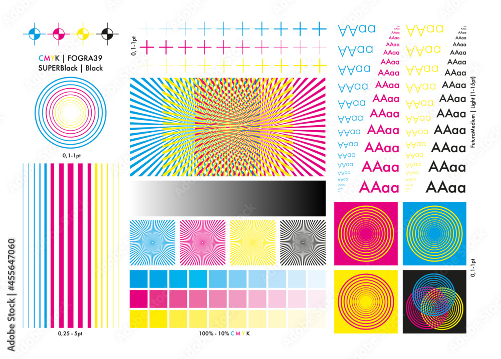 CMYK calibration element collection. Color calibration. Print calibration. Typography element