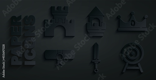 Set Medieval sword, King crown, Decree, parchment, scroll, Target with arrow, Castle tower and Castle, fortress icon. Vector