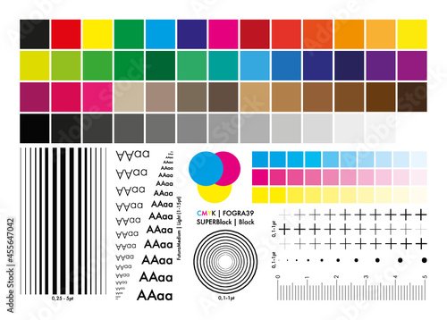 CMYK calibration element collection. Color calibration. Print calibration. Typography element calibration. Vector. A5 paper. Editable. Guide print calibration