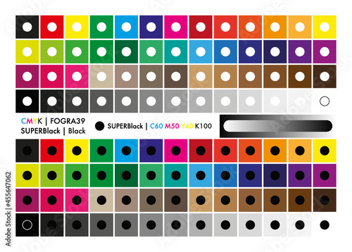 CMYK calibration element collection. Color calibration. Print calibration. Typography element calibration. Vector. A5 paper. Editable. Guide print calibration