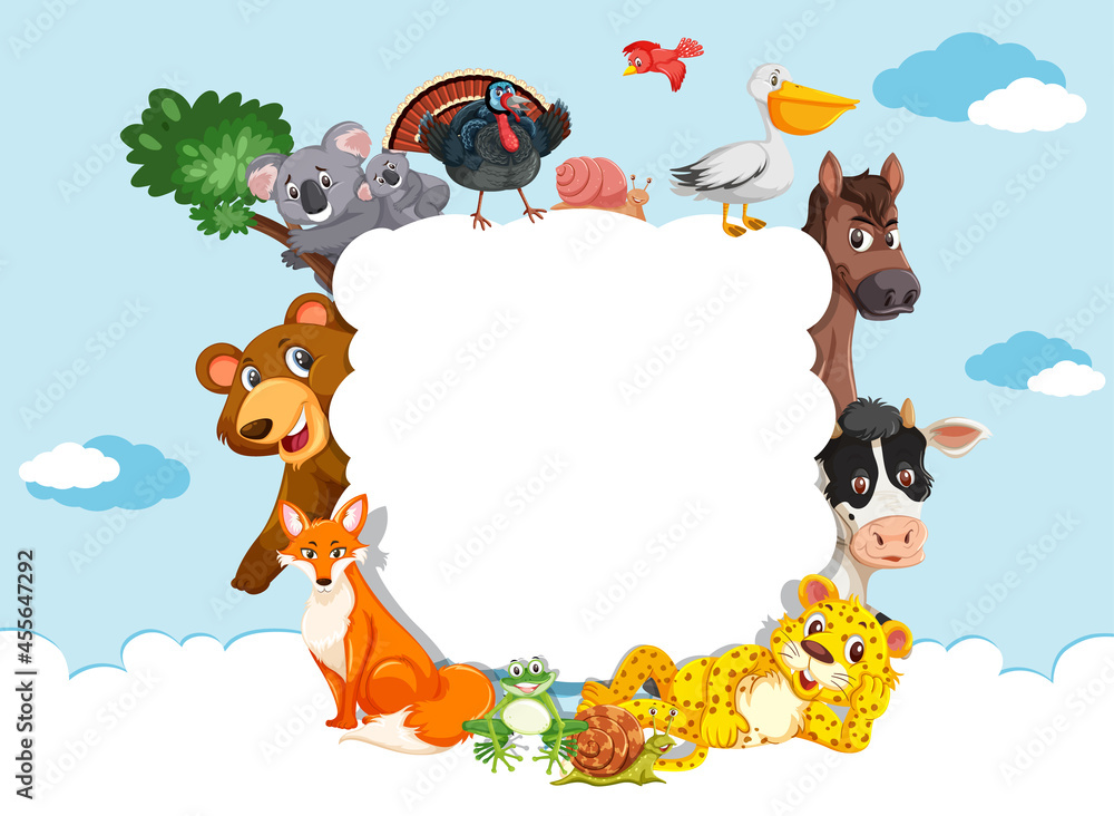 Fototapeta premium Empty cloud banner with various wild animals