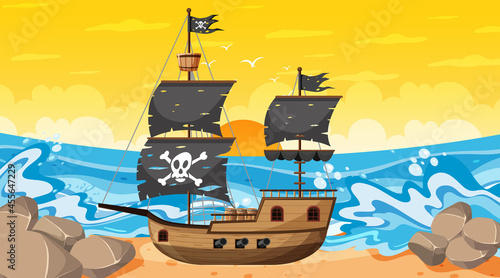 Ocean with Pirate ship at sunset time scene in cartoon style