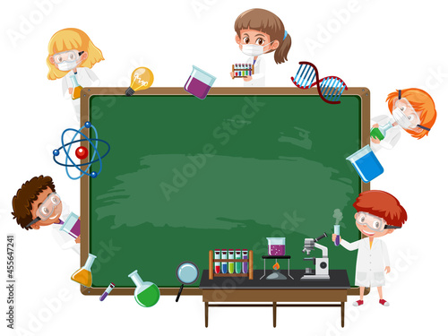 Empty blackboard with kids in scientist theme