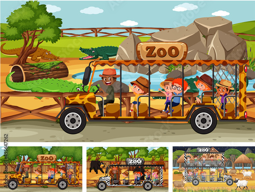 Different safari scenes with animals and kids cartoon character