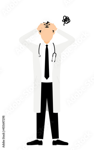 白衣の男性医師が頭を抱える・困るポーズ