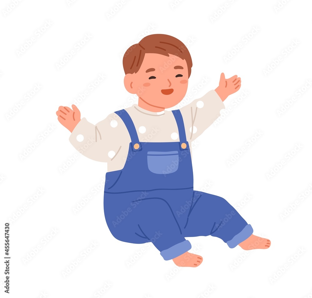 Happy baby sitting and laughing with joy. Smiling merry child. Laughter of cute little kid. Adorable positive boy. Flat vector illustration of lovely son isolated on white background Happy baby sitting and laughing with joy. Smiling merry child. Laughter of cute little kid. Adorable positive boy. Flat vector illustration of lovely son isolated on white background