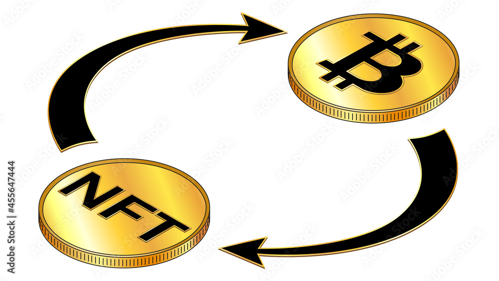 NFT and Bitcoin circulation isometric concept with black symbols on gold coins and cyclical arrows isolated on white. Vector design element. - obrazy, fototapety, plakaty 