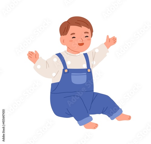 Happy baby sitting and laughing with joy. Smiling merry child. Laughter of cute little kid. Adorable positive boy. Flat vector illustration of lovely son isolated on white background