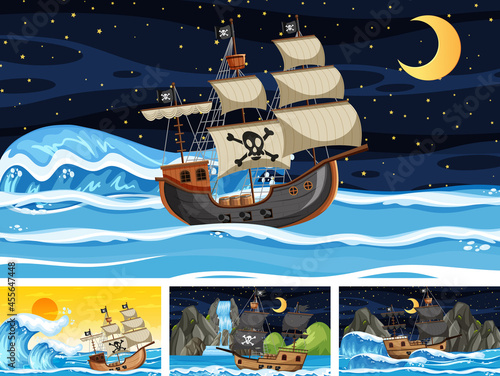 Set of Ocean with Pirate ship at different times scenes  in cartoon style