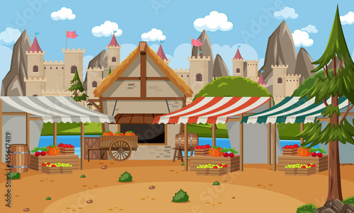 Medieval town scene with market place