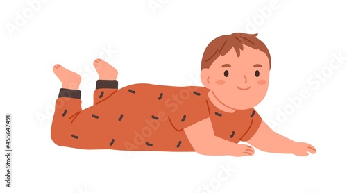 Happy baby rolled over and lying on belly. Portrait of smiling child. Little kid crawling. Cute adorable infant. Positive joyful boy. Flat vector illustration isolated on white background