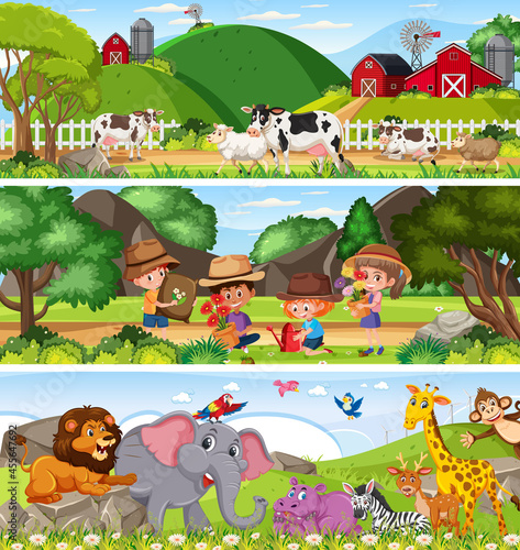 Different nature landscape at daytime scene with cartoon character