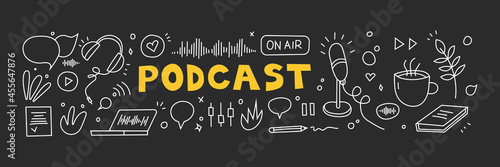 Podcast recording and listening, broadcasting, online radio, audio streaming service Concept. Headphones, microphone, laptop, equalizer, speech bubbles. Hand drawn Vector set. Isolated elements