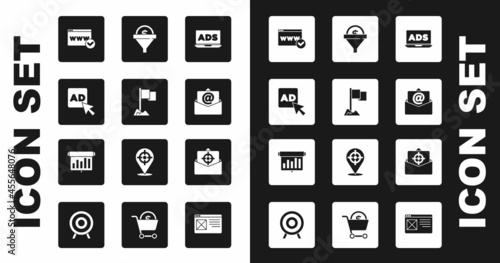Set Advertising, Location marker, Website template, Mail and e-mail, Lead management, and Board with graph chart icon. Vector