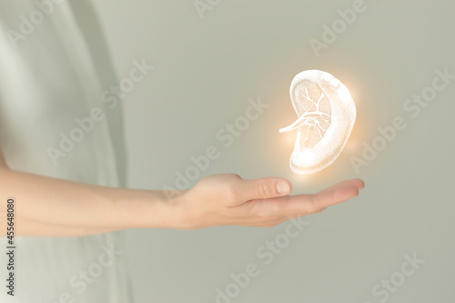 Woman in white clothes holding virtual spleen in hand. Handrawn human organ, detox and healthcare, healthcare hospital service concept stock photo photo
