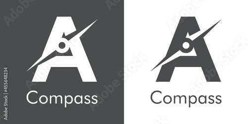 Logotipo con texto Compass con letra inicial A con forma de brújula en fondo gris y fondo blanco