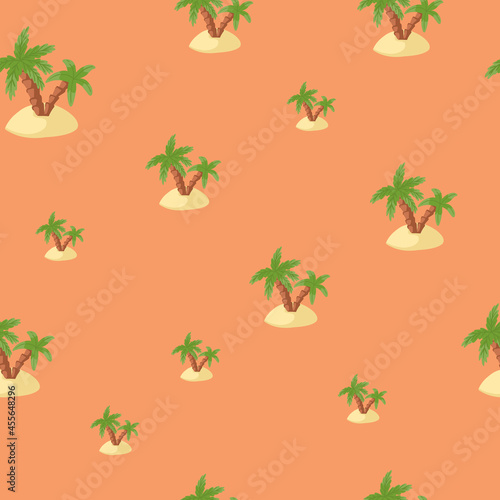 Tropical nature seamless pattern with green palms and island shapes. Pastel pink background. © smth.design