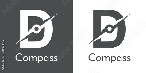 Logotipo con texto Compass con letra inicial D con forma de brújula en fondo gris y fondo blanco