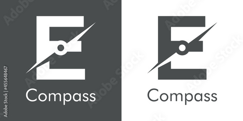 Logotipo con texto Compass con letra inicial E con forma de brújula en fondo gris y fondo blanco