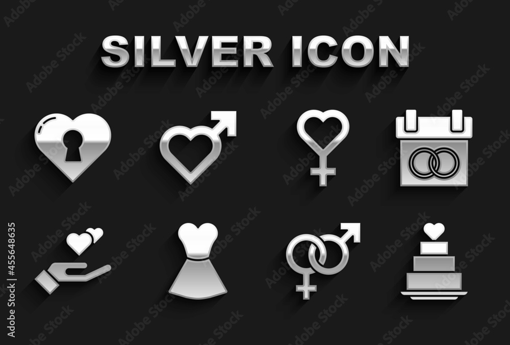 Set Woman dress, Calendar, Wedding cake with heart, Gender, Heart hand, Female gender symbol, keyhole and icon. Vector
