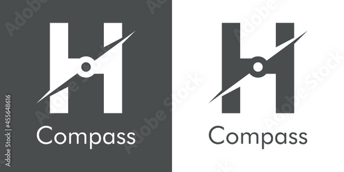 Logotipo con texto Compass con letra inicial H con forma de brújula en fondo gris y fondo blanco