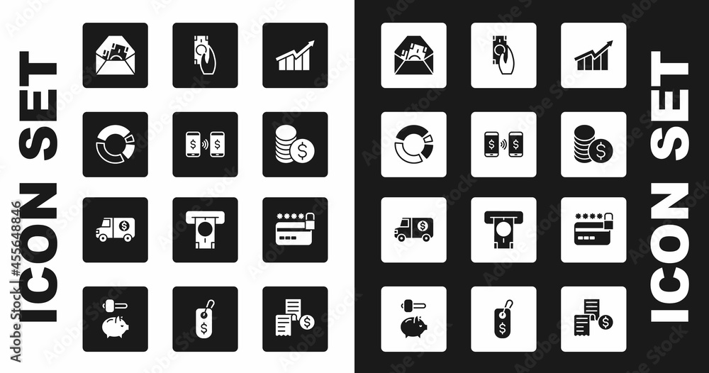 Set Financial growth increase, Money payment transfer, Pie chart infographic, Envelope with dollar symbol, Coin money, Fast payments, Credit card lock and Armored truck icon. Vector Set Financial growth increase, Money payment transfer, Pie chart infographic, Envelope with dollar symbol, Coin money, Fast payments, Credit card lock and Armored truck icon. Vector