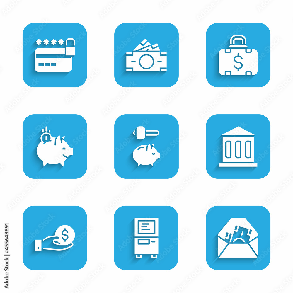 Set Piggy bank and hammer, ATM, Envelope with dollar symbol, Bank building, Hand giving money, coin, Briefcase and Credit card lock icon. Vector Set Piggy bank and hammer, ATM, Envelope with dollar symbol, Bank building, Hand giving money, coin, Briefcase and Credit card lock icon. Vector