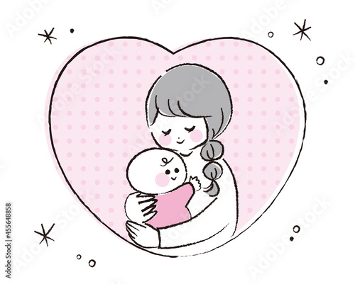 ハートの中に赤ちゃんを愛おしそうに抱きしめるママ
