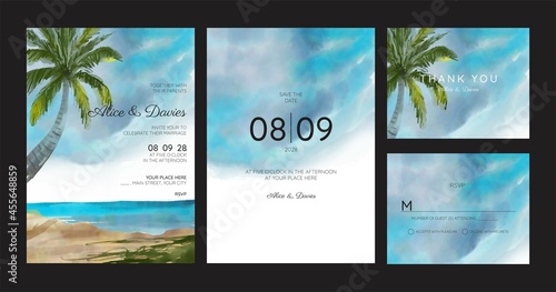 wedding cards, invitation. Save the date sea style design. Romantic beach wedding summer background 
