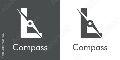 Logotipo con texto Compass con letra inicial L con forma de brújula en fondo gris y fondo blanco