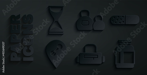 Set Sport bag, Vitamin pill, Location gym, Sports nutrition, Kettlebell and Old hourglass icon. Vector