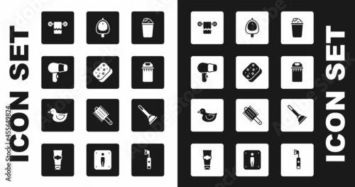 Set Bucket with soap suds, Sponge, Hair dryer, Towel hanger, Trash can, Toilet urinal or pissoir, Rubber plunger and duck icon. Vector