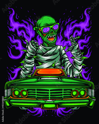 zombie mummy smoking weed and riding lowrider car