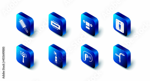 Set Blade razor, Towel on hanger, Male toilet, Industry metallic pipe, Shower, Electric toothbrush, Shaving and Hairbrush icon. Vector